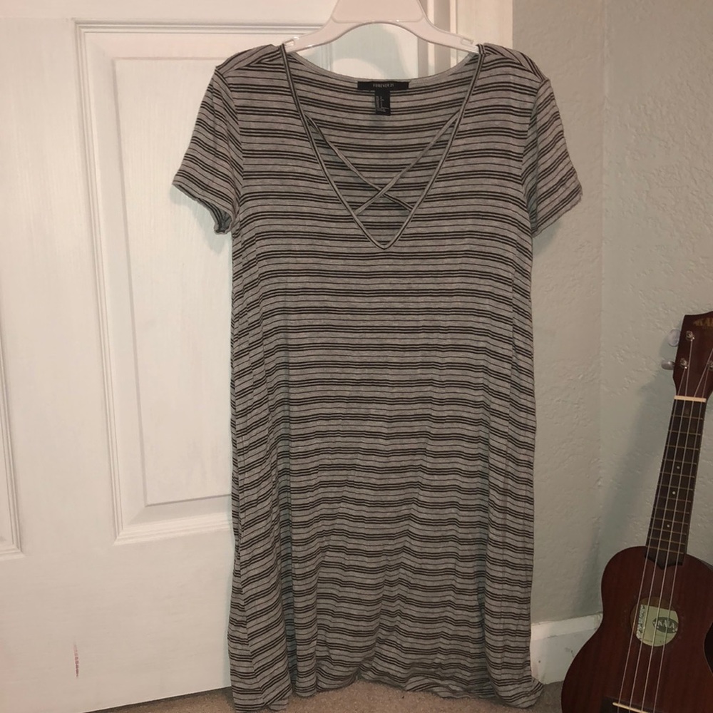 Forever 21 grey with green stripes dress, v-neck